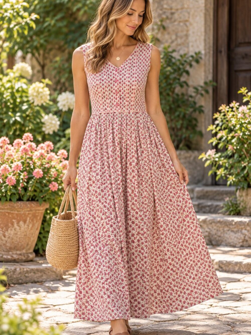 April Cornell W Sz S Pink Floral Maxi Dress Vintage Y2K Cottagecore Prairie 1534